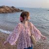 Floral Long Sleeve Chiffon Shirt for Women - Vintage 90s Style Loose Bell Sleeve Sun Protection Top