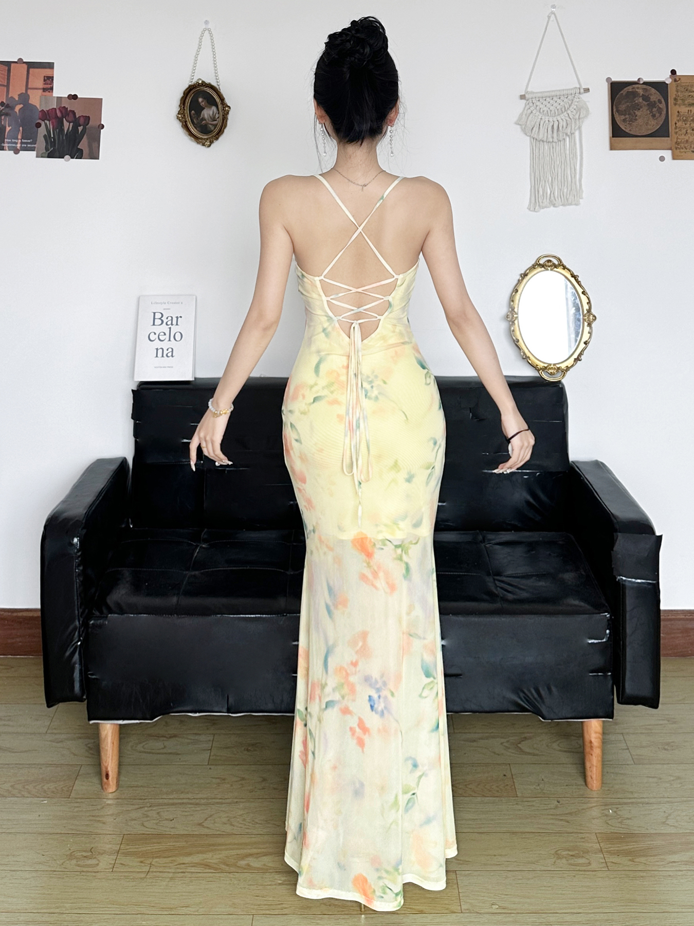 Floral Mesh Mermaid Long Dress - Women's Lace V-Neck Fishbone Waist-Defining Vacation Dress in South France Garden Style Floral Mesh Mermaid Long Dress - Women's Lace V-Neck Fishbone Waist-Defining Vacation Dress in South France Garden Style