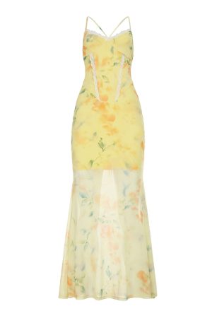 Floral Mesh Mermaid Long Dress - Women's Lace V-Neck Fishbone Waist-Defining Vacation Dress in South France Garden Style