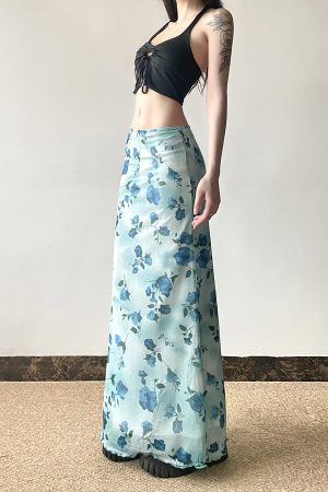 Floral Mesh Skirt for Women - Low Waist Slim Fit Long Pants - Summer Island Rose Design - Vacation Ready Mint Green Style