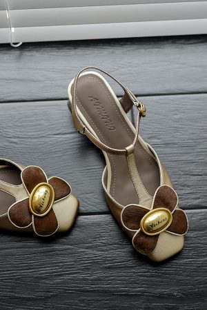 Floral Mid-Heel Closed-Toe Sandals for Women in Gold and Silver - Trendy Summer Footwear with Genuine Leather Design