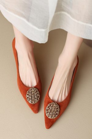 Floral Pointed Toe Flats for Women - Genuine Leather, Retro Style, Thin High Heels, 2025 Fashion Trend