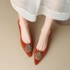 Floral Pointed Toe Flats for Women - Genuine Leather, Retro Style, Thin High Heels, 2025 Fashion Trend