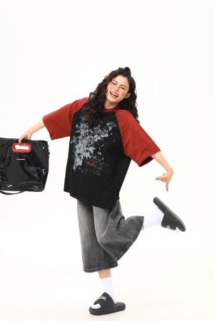 Floral Printed Color-Blocking Raglan Short Sleeve T-Shirt for Women - Trendy Summer Loose Fit American Retro Style Tee