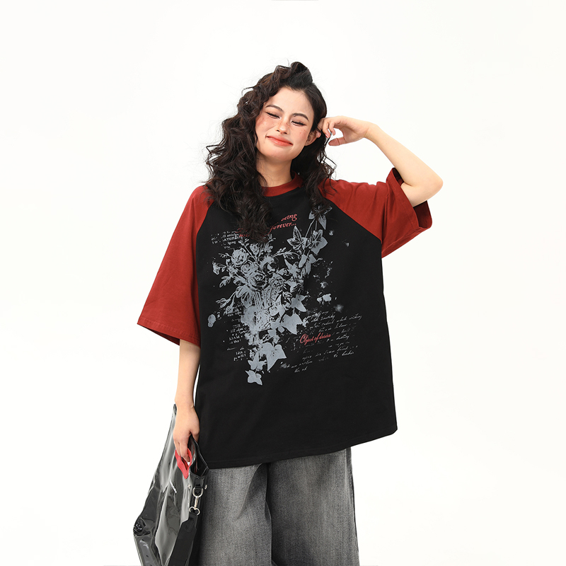 Floral Printed Color-Blocking Raglan Short Sleeve T-Shirt for Women - Trendy Summer Loose Fit American Retro Style Tee Floral Printed Color-Blocking Raglan Short Sleeve T-Shirt for Women - Trendy Summer Loose Fit American Retro Style Tee