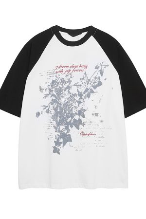 Floral Printed Color-Blocking Raglan Short Sleeve T-Shirt for Women - Trendy Summer Loose Fit American Retro Style Tee