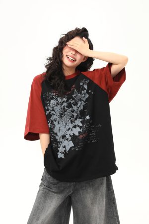 Floral Printed Color-Blocking Raglan Short Sleeve T-Shirt for Women - Trendy Summer Loose Fit American Retro Style Tee