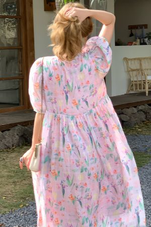 Floral Puff Sleeve A-Line Dress - Women's Vintage Summer Dress with Loose Fit, Romantic Style, Perfect for 90s and Y2K Looks