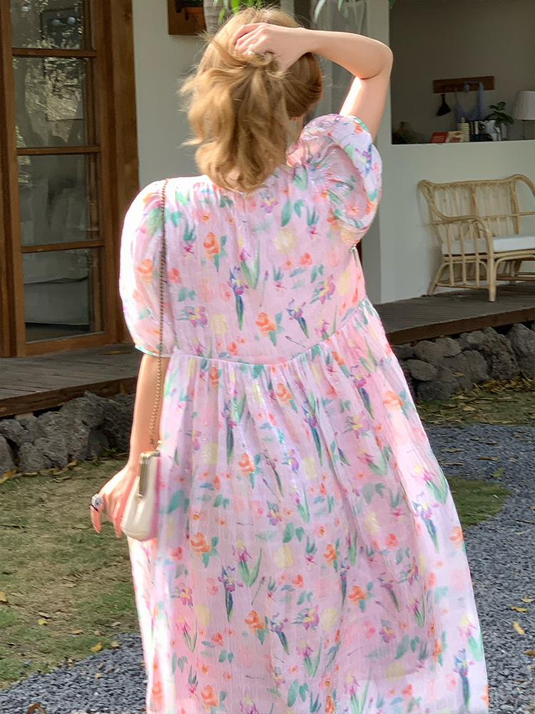 Floral Puff Sleeve A-Line Dress - Women's Vintage Summer Dress with Loose Fit, Romantic Style, Perfect for 90s and Y2K Looks Floral Puff Sleeve A-Line Dress - Women's Vintage Summer Dress with Loose Fit, Romantic Style, Perfect for 90s and Y2K Looks