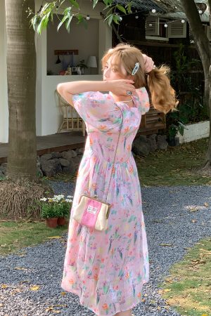 Floral Puff Sleeve A-Line Dress - Women's Vintage Summer Dress with Loose Fit, Romantic Style, Perfect for 90s and Y2K Looks