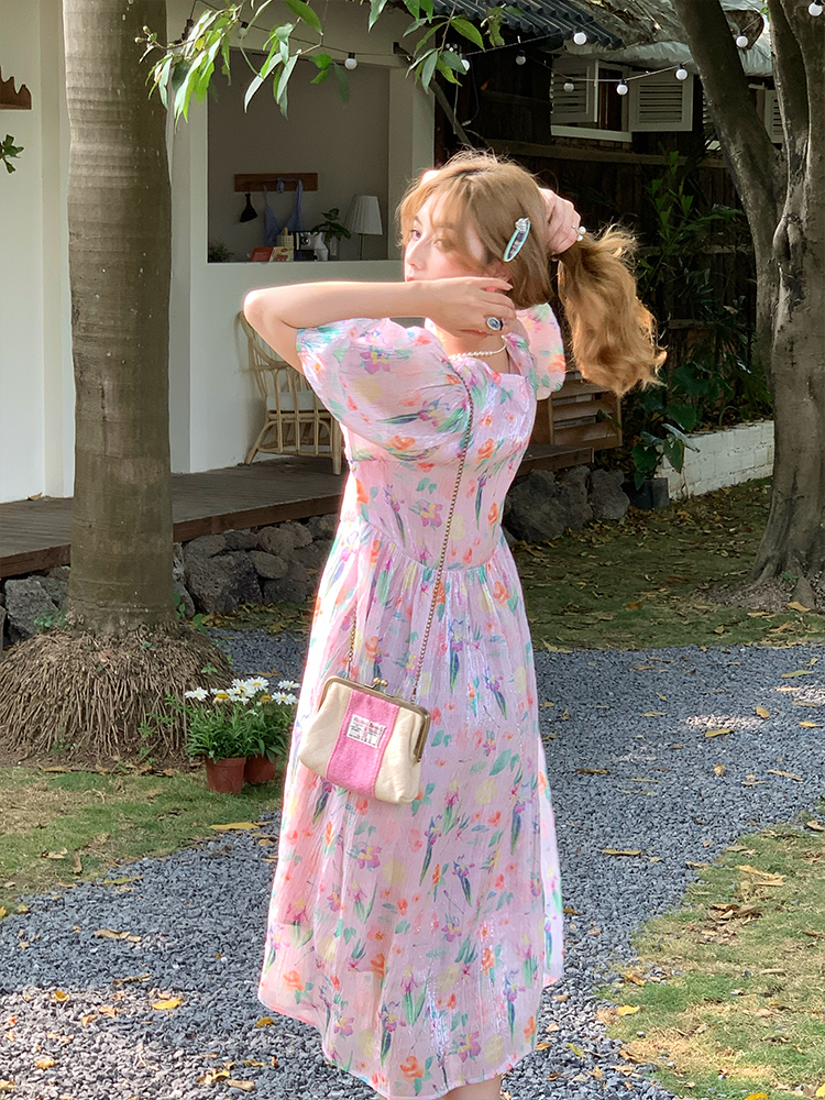 Floral Puff Sleeve A-Line Dress - Women's Vintage Summer Dress with Loose Fit, Romantic Style, Perfect for 90s and Y2K Looks Floral Puff Sleeve A-Line Dress - Women's Vintage Summer Dress with Loose Fit, Romantic Style, Perfect for 90s and Y2K Looks