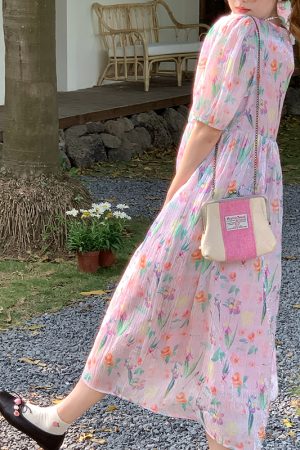 Floral Puff Sleeve A-Line Dress - Women's Vintage Summer Dress with Loose Fit, Romantic Style, Perfect for 90s and Y2K Looks