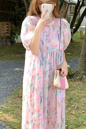 Floral Puff Sleeve A-Line Dress - Women's Vintage Summer Dress with Loose Fit, Romantic Style, Perfect for 90s and Y2K Looks