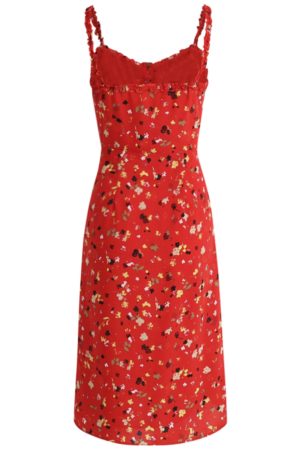 Floral Red Long Dress for Women - French-Style Summer Vacation Dress 2025, Celebrity-Inspired, Perfect for 90s and Y2K Fashion