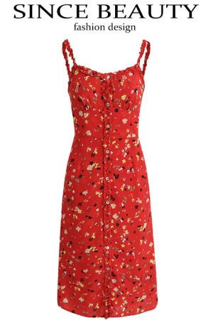 Floral Red Long Dress for Women - French-Style Summer Vacation Dress 2025, Celebrity-Inspired, Perfect for 90s and Y2K Fashion