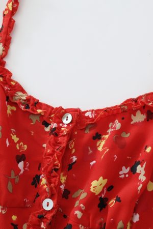 Floral Red Long Dress for Women - French-Style Summer Vacation Dress 2025, Celebrity-Inspired, Perfect for 90s and Y2K Fashion