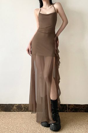 Floral Ribbon Split Hem Backless Halter Camisole Dress with Sheer Mesh Splicing - Y2K Inspired Long Skirt