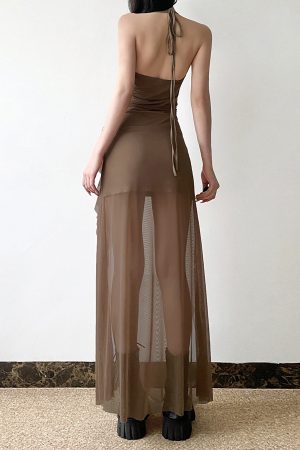 Floral Ribbon Split Hem Backless Halter Camisole Dress with Sheer Mesh Splicing - Y2K Inspired Long Skirt
