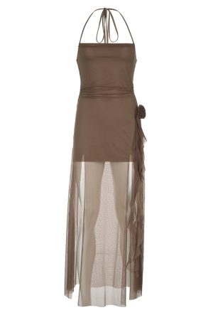 Floral Ribbon Split Hem Backless Halter Camisole Dress with Sheer Mesh Splicing - Y2K Inspired Long Skirt