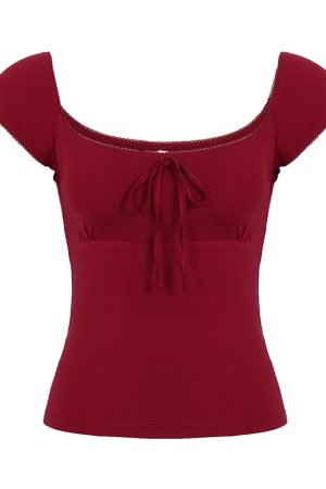 Floral Season Rose Women's Summer T-Shirt - Small Fly Sleeve, Low Square Neck, Butterfly Tie, Solid Color, Brightening Style