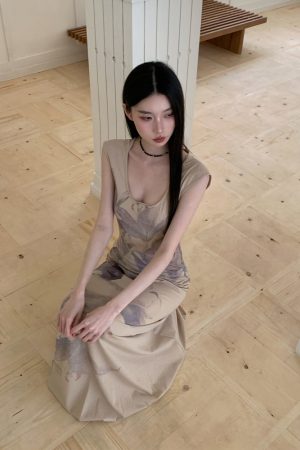 Floral Shadow Print Cotton Dress - Elegant Chinese Design for Spring & Summer - Perfect for 90s & Y2K Inspired Fashion