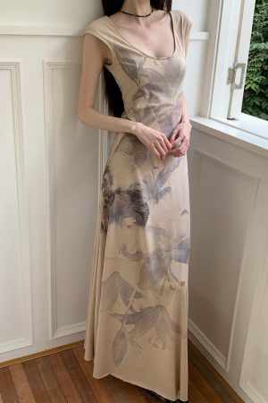 Floral Shadow Print Cotton Dress - Elegant Chinese Design for Spring & Summer - Perfect for 90s & Y2K Inspired Fashion