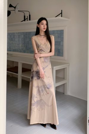 Floral Shadow Print Cotton Dress - Elegant Chinese Design for Spring & Summer - Perfect for 90s & Y2K Inspired Fashion