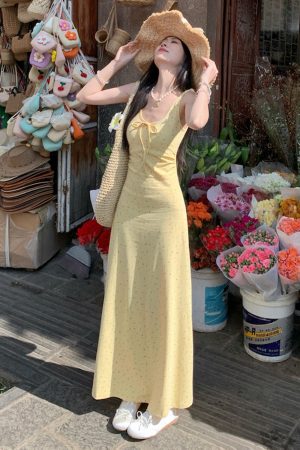 Floral Spaghetti Strap Long Dress with Low Neck and Bow Tie - Women's Gentle Summer Dress, Perfect for Y2K and Bohemian Styles