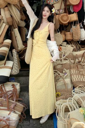 Floral Spaghetti Strap Long Dress with Low Neck and Bow Tie - Women's Gentle Summer Dress, Perfect for Y2K and Bohemian Styles