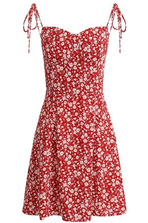 Floral Spaghetti Strap Short Red Dress - French Style Summer Dress 2025 for Women - Vacation Ready Fashion