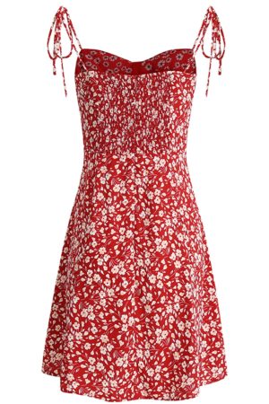 Floral Spaghetti Strap Short Red Dress - French Style Summer Dress 2025 for Women - Vacation Ready Fashion