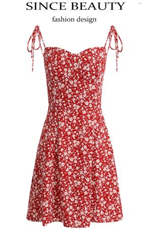 Floral Spaghetti Strap Short Red Dress - French Style Summer Dress 2025 for Women - Vacation Ready Fashion
