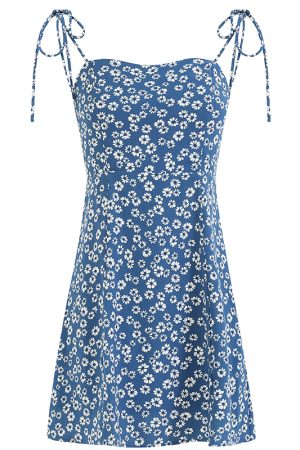 Floral Spaghetti Strap Vacation Mini Dress for Women - Petite Blue 2025 Summer French Style
