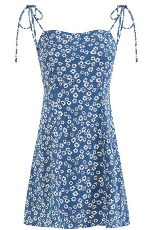 Floral Spaghetti Strap Vacation Mini Dress for Women - Petite Blue 2025 Summer French Style