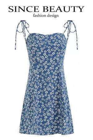 Floral Spaghetti Strap Vacation Mini Dress for Women - Petite Blue 2025 Summer French Style