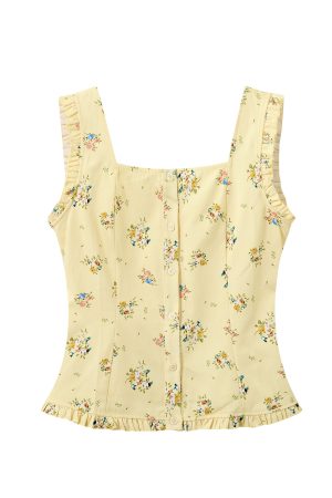 Floral Square Collar Sleeveless Top for Women - Sweet Wind French Style Slim Fit Ruffle Edge Vest for Summer