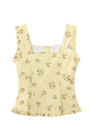 Floral Square Collar Sleeveless Top for Women - Sweet Wind French Style Slim Fit Ruffle Edge Vest for Summer