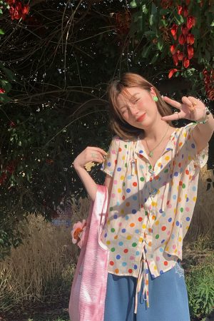 Floral Star Dots Shoulder Cross Strap Short Sleeve Shirt Women's Summer Loose Doll Top - Vintage 90s Style Fashion