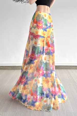 Floral Tulle Midi Skirt for Women - Draped Pleated Fishtail Design, Monet Flower Pavilion Inspired, Perfect for Holidays and Special Occasions