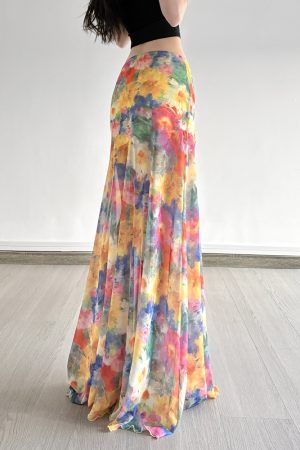 Floral Tulle Midi Skirt for Women - Draped Pleated Fishtail Design, Monet Flower Pavilion Inspired, Perfect for Holidays and Special Occasions