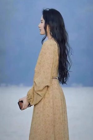 Floral V-Neck Dress for Women - Long Sleeve Printed 2025 Spring Style, Liu Yifei Inspired, Trendy Korean Fashion