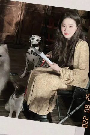 Floral V-Neck Dress for Women - Long Sleeve Printed 2025 Spring Style, Liu Yifei Inspired, Trendy Korean Fashion