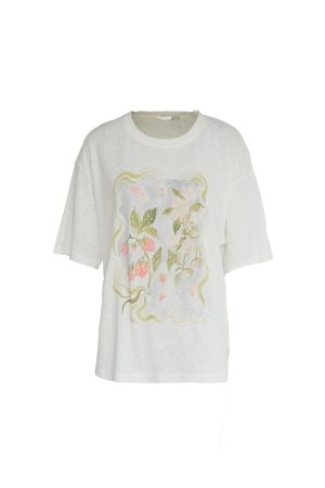 Flower Wish Berry Print White Linen Bamboo Short Sleeve T-Shirt for Women - Summer Loose Fit Vintage Style Top