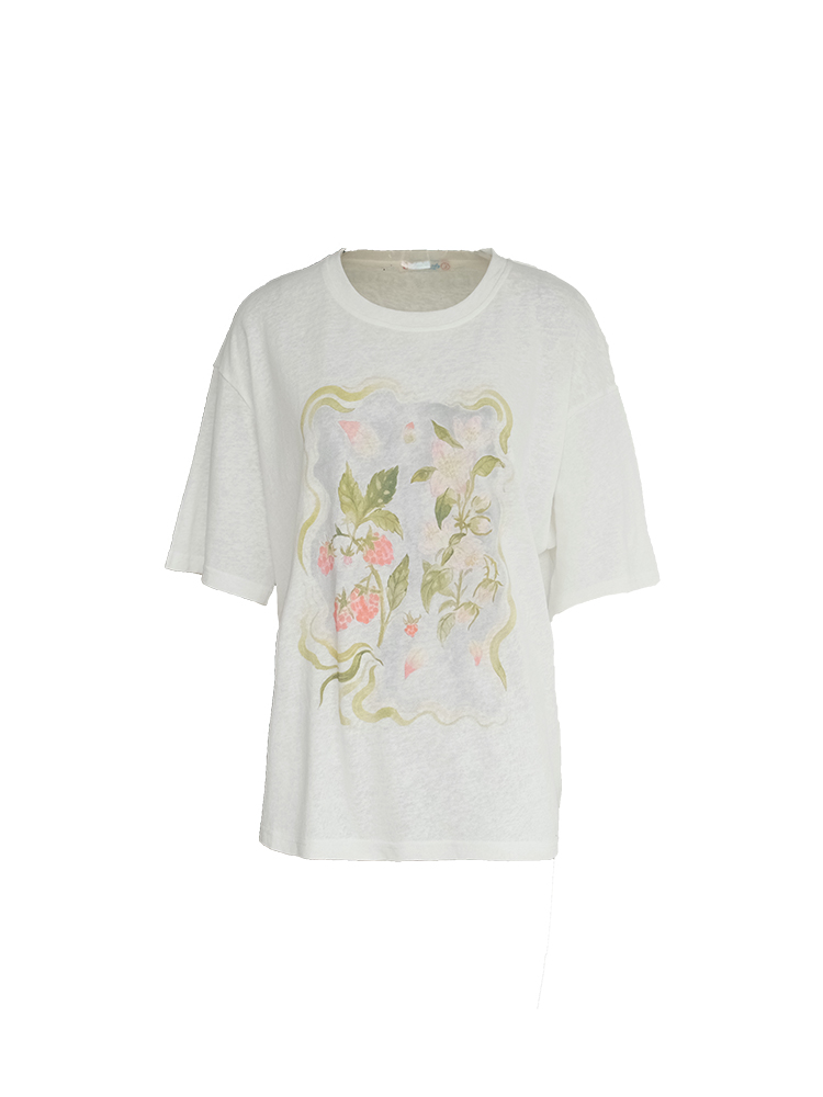 Flower Wish Berry Print White Linen Bamboo Short Sleeve T-Shirt for Women - Summer Loose Fit Vintage Style Top Flower Wish Berry Print White Linen Bamboo Short Sleeve T-Shirt for Women - Summer Loose Fit Vintage Style Top