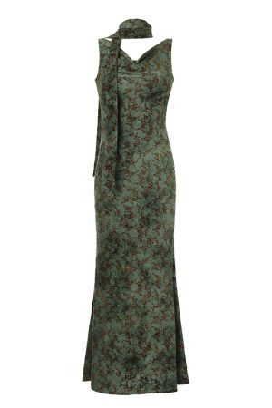 Flowing Collar Fishtail Long Dress for Women in Green Pine - Body-Hugging Chinese Style with Ancient Rhyme Design