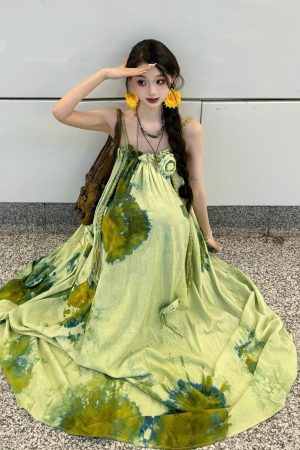 Forest Fairy Watercolor Gradient Printed Vest Dress with 3D Flower Woven Straps - Boho Vacation Style, Summer Fashion