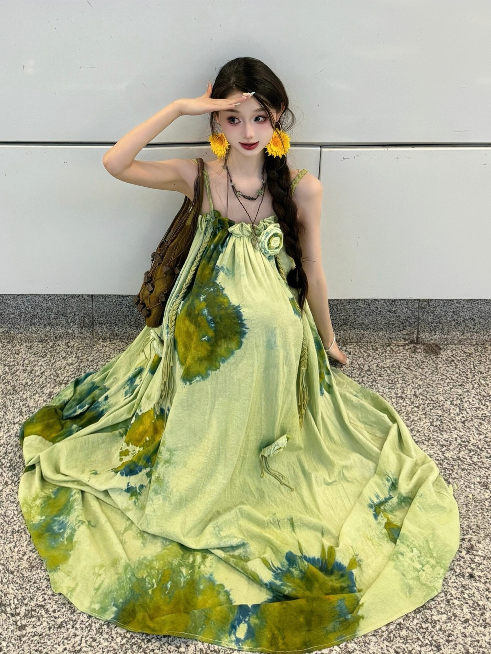 Forest Fairy Watercolor Gradient Printed Vest Dress with 3D Flower Woven Straps - Boho Vacation Style, Summer Fashion Forest Fairy Watercolor Gradient Printed Vest Dress with 3D Flower Woven Straps - Boho Vacation Style, Summer Fashion