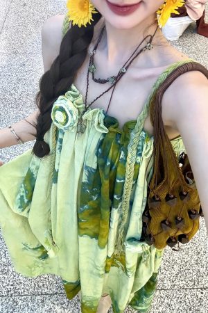 Forest Fairy Watercolor Gradient Printed Vest Dress with 3D Flower Woven Straps - Boho Vacation Style, Summer Fashion