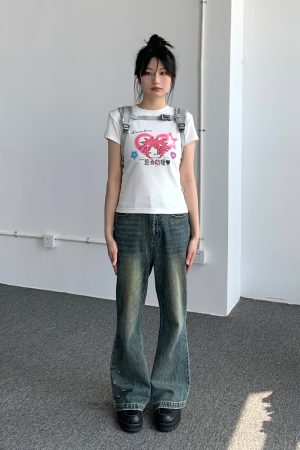 Forget Love Y2K Cartoon Graphic Slim-Fit White T-Shirt for Women - Casual Short Sleeve Tee