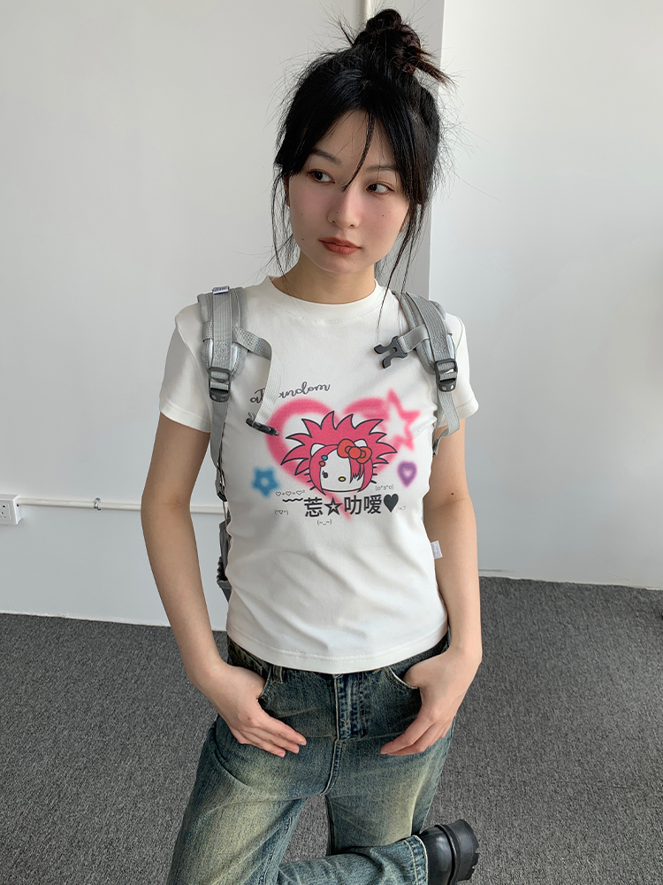 Forget Love Y2K Cartoon Graphic Slim-Fit White T-Shirt for Women - Casual Short Sleeve Tee Forget Love Y2K Cartoon Graphic Slim-Fit White T-Shirt for Women - Casual Short Sleeve Tee